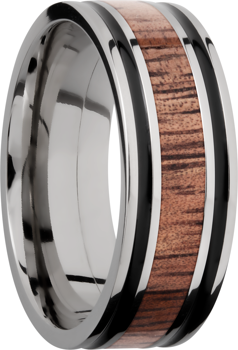 titanium 8mm flat band with antiquing on both sides of an koa hardwood inlay