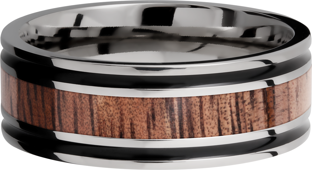 titanium 8mm flat band with antiquing on both sides of an koa hardwood inlay