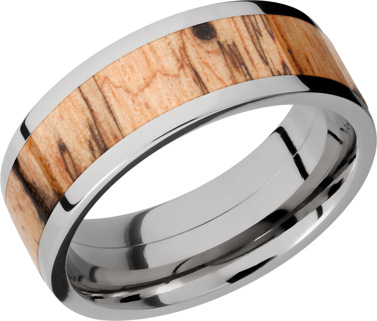 titanium 8mm flat band with an inlay of spalted tamarind hardwood