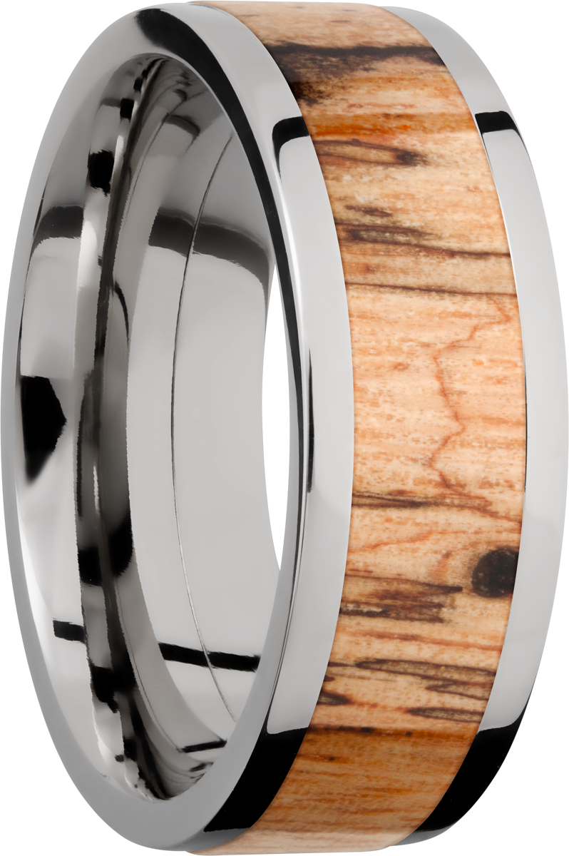 titanium 8mm flat band with an inlay of spalted tamarind hardwood