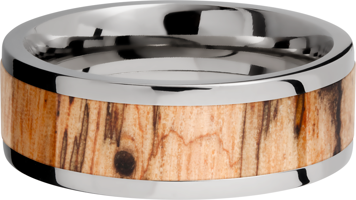 titanium 8mm flat band with an inlay of spalted tamarind hardwood