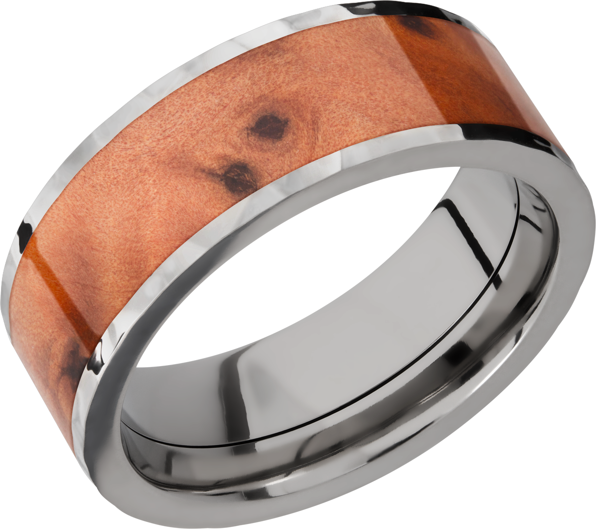 titanium 8mm flat band with an inlay of thuya burl hardwood