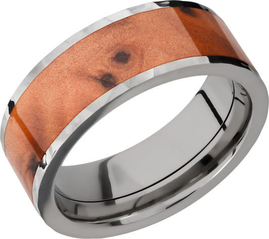 Titanium 8mm flat band with an inlay of Thuya Burl hardwood