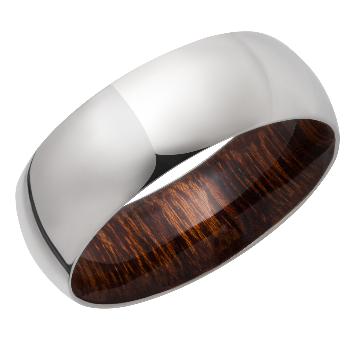 titanium 8mm domed band with a hardwood sleeve of desert ironwood