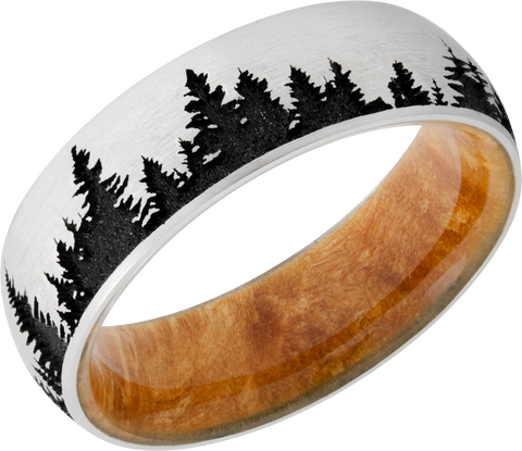 Cobalt chrome 7mm domed band featuring a laser-engraved tree pattern and a hardwood sleeve of Boxelder Burl
