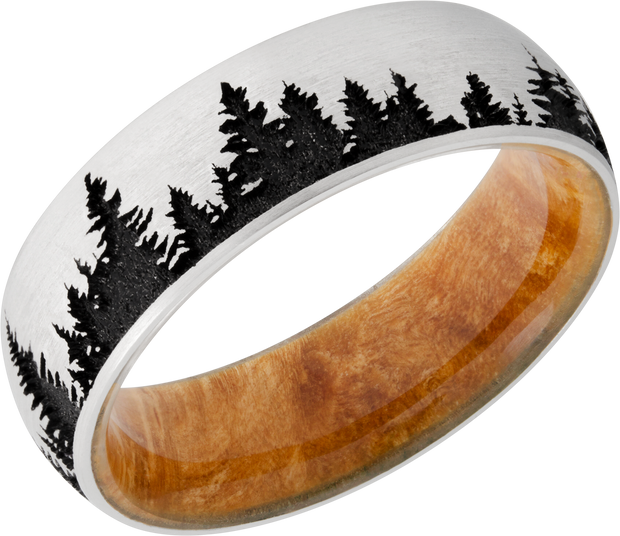 Cobalt chrome 7mm domed band featuring a laser-engraved tree pattern and a hardwood sleeve of Boxelder Burl
