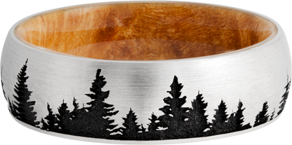 Cobalt chrome 7mm domed band featuring a laser-engraved tree pattern and a hardwood sleeve of Boxelder Burl