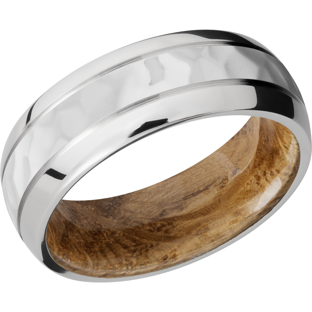 cobalt chrome 8mm domed band with 2, .5mm grooves and a sleeve of whiskey barrel hardwood