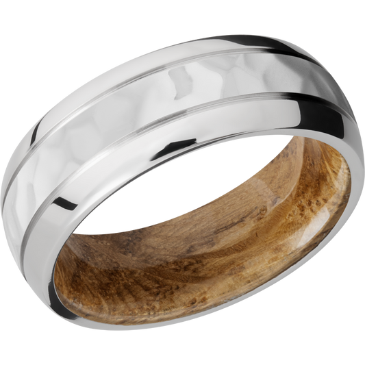 Cobalt chrome 8mm domed band with 2, .5mm grooves and a sleeve of Whiskey Barrel hardwood