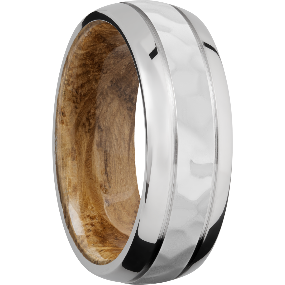 cobalt chrome 8mm domed band with 2, .5mm grooves and a sleeve of whiskey barrel hardwood