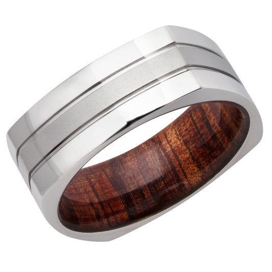 Cobalt chrome 8mm flat square band with a hardwood sleeve of Koa