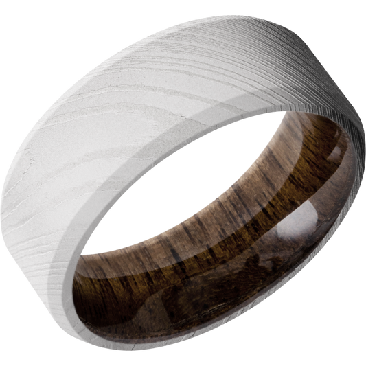 Damascus steel 8mm beveled band with a sleeve of Walnut hardwood