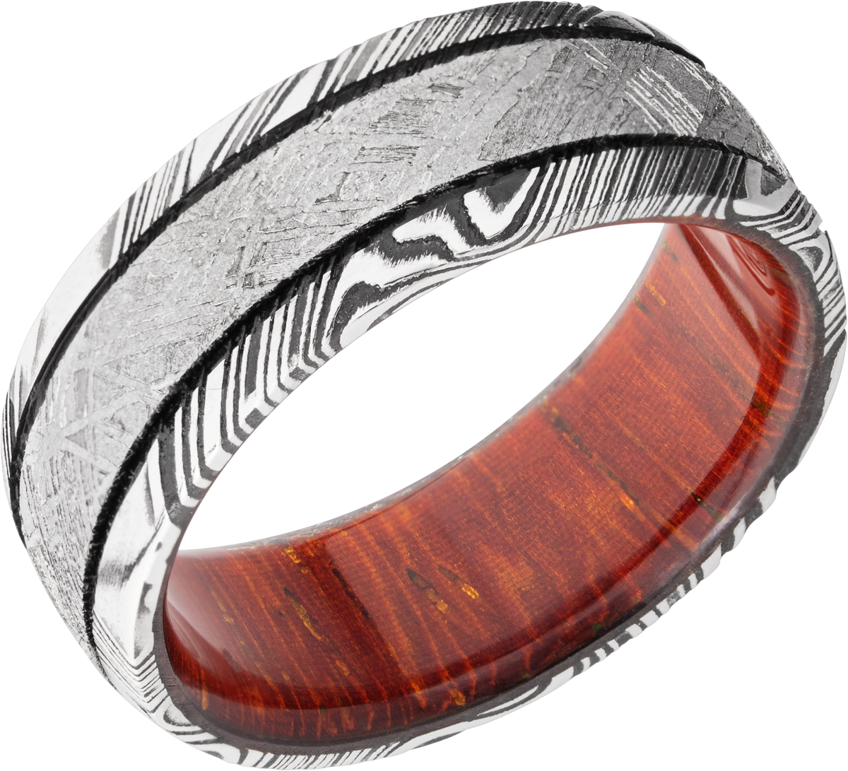 handmade 8mm damascus steel domed band with an inlay of authentic gibeon meteorite and a hardwood sleeve of padauk