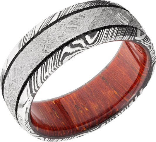 Handmade 8mm Damascus steel domed band with an inlay of authentic Gibeon meteorite and a hardwood sleeve of Padauk