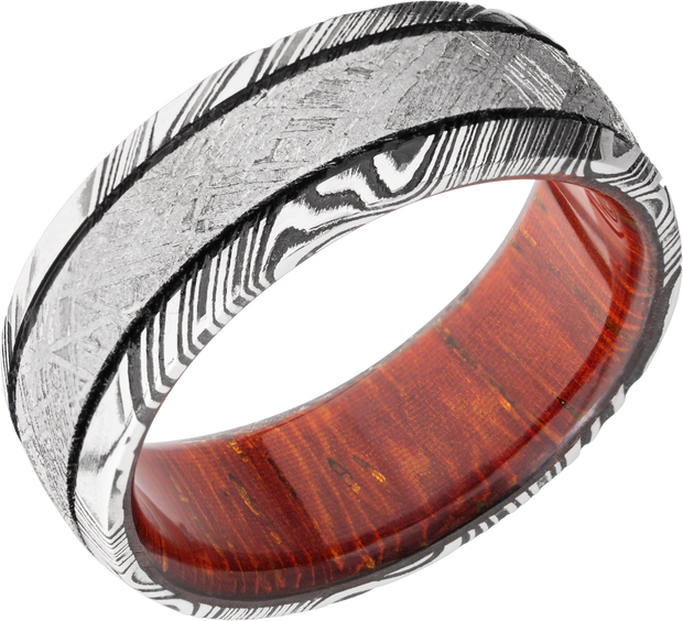 Handmade 8mm Damascus steel domed band with an inlay of authentic Gibeon meteorite and a hardwood sleeve of Padauk