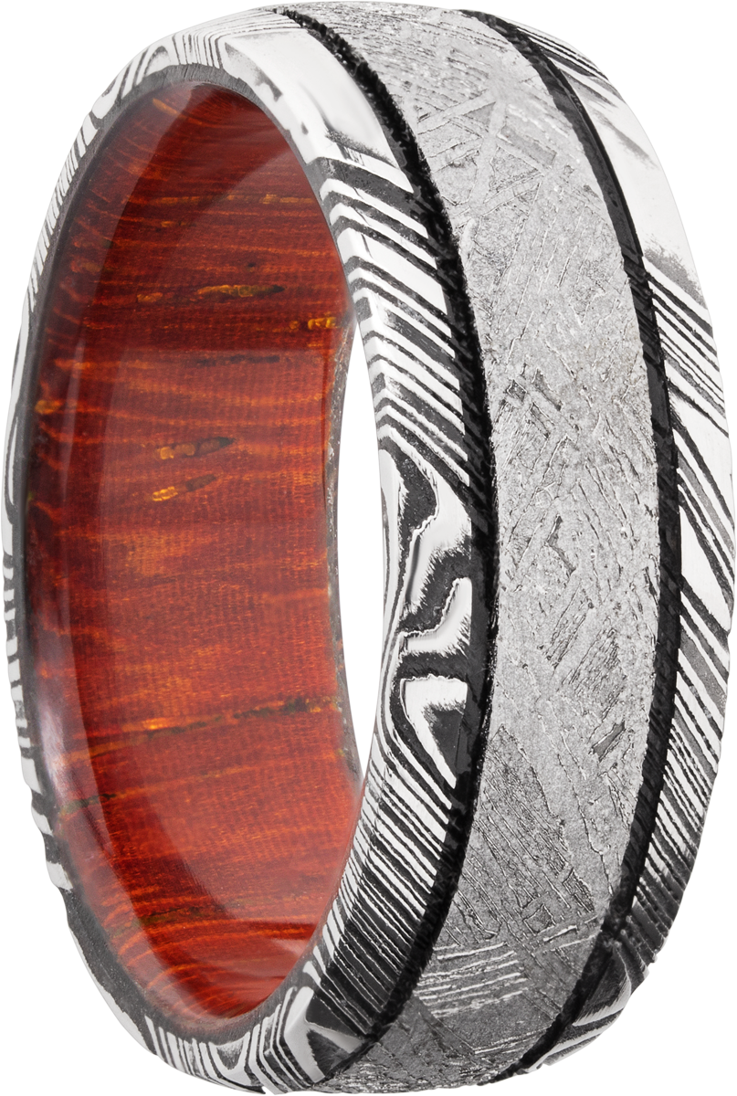 handmade 8mm damascus steel domed band with an inlay of authentic gibeon meteorite and a hardwood sleeve of padauk