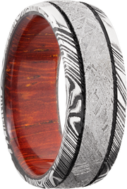 Handmade 8mm Damascus steel domed band with an inlay of authentic Gibeon meteorite and a hardwood sleeve of Padauk