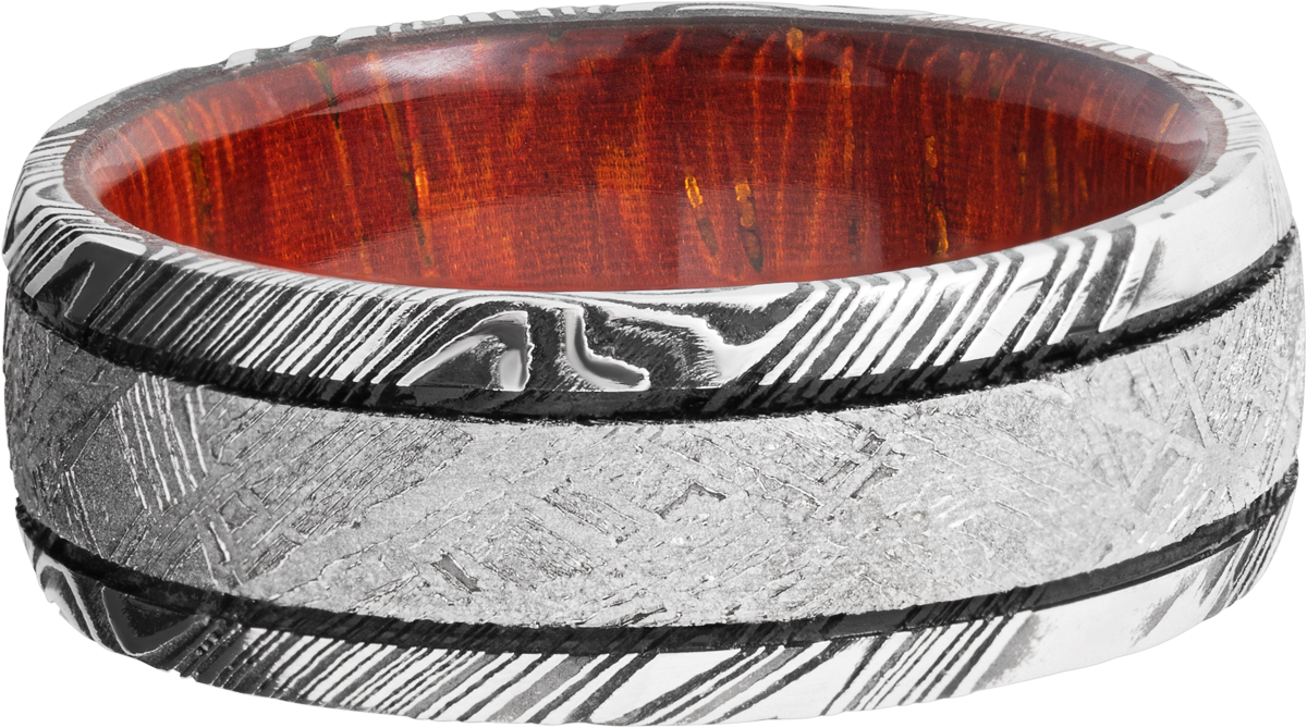 handmade 8mm damascus steel domed band with an inlay of authentic gibeon meteorite and a hardwood sleeve of padauk