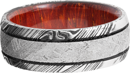 Handmade 8mm Damascus steel domed band with an inlay of authentic Gibeon meteorite and a hardwood sleeve of Padauk