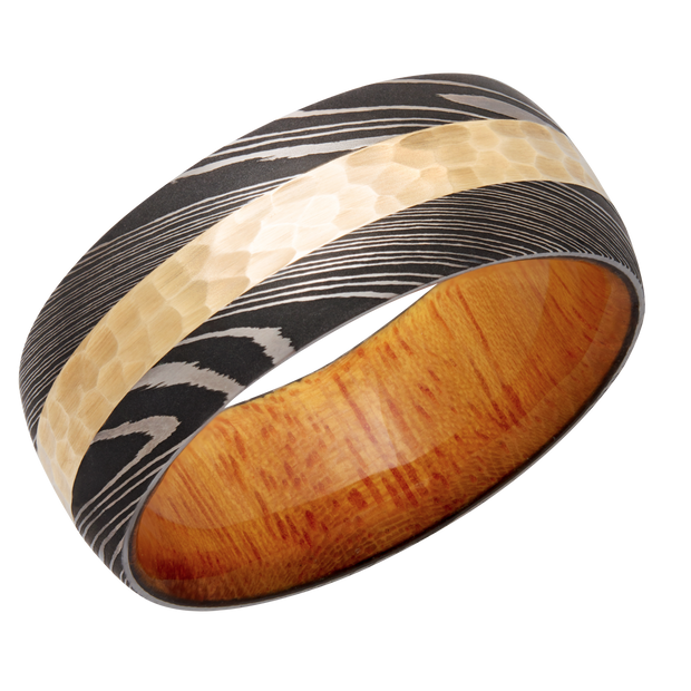 Handmade 9mm Damascus steel domed band with an inlay of 14K yellow gold and a hardwood sleeve of Osage Orange