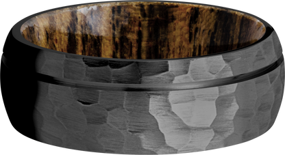 Zirconium 8mm domed band with 1, .5mm groove and a sleeve of Bocote hardwood