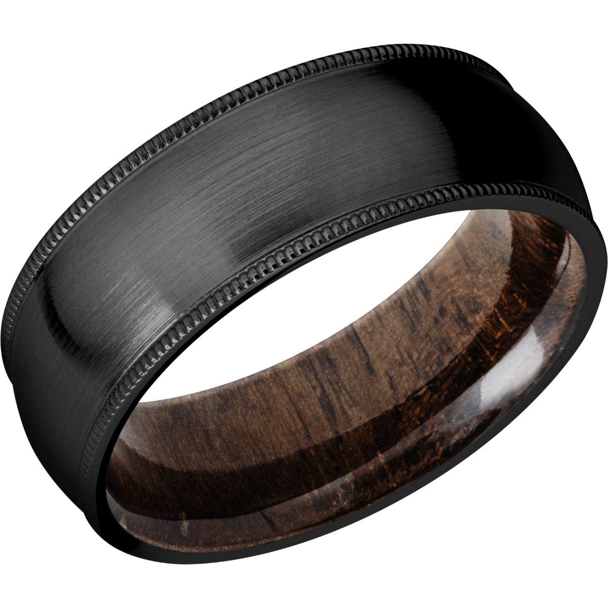 zirconium 8mm domed band with milgrain edges and a sleeve of walnut hardwood