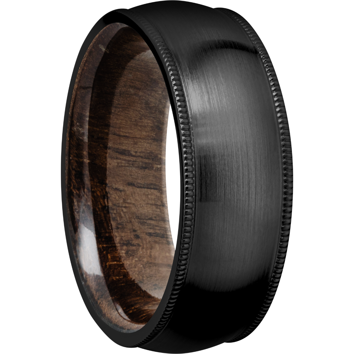 zirconium 8mm domed band with milgrain edges and a sleeve of walnut hardwood