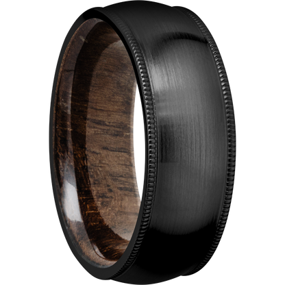 Zirconium 8mm domed band with milgrain edges and a sleeve of Walnut hardwood