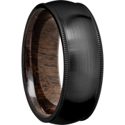 Zirconium 8mm domed band with milgrain edges and a sleeve of Walnut hardwood