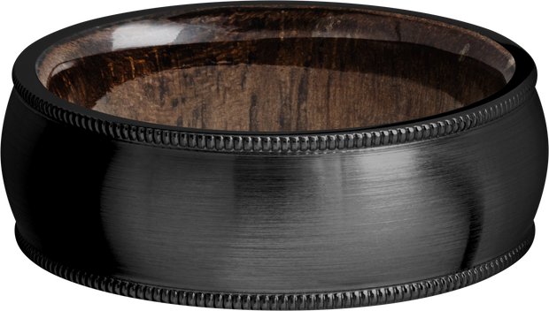 Zirconium 8mm domed band with milgrain edges and a sleeve of Walnut hardwood