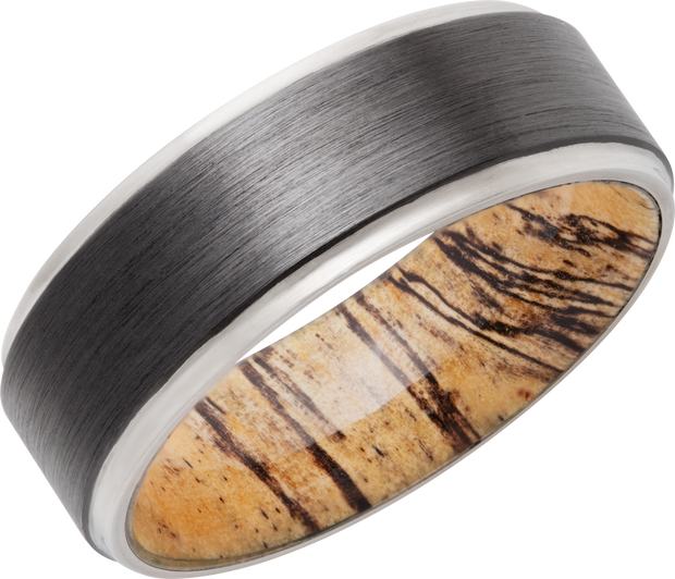 Zirconium 8mm flat band with grooved edges and a hardwood sleeve of Spalted Tamarind
