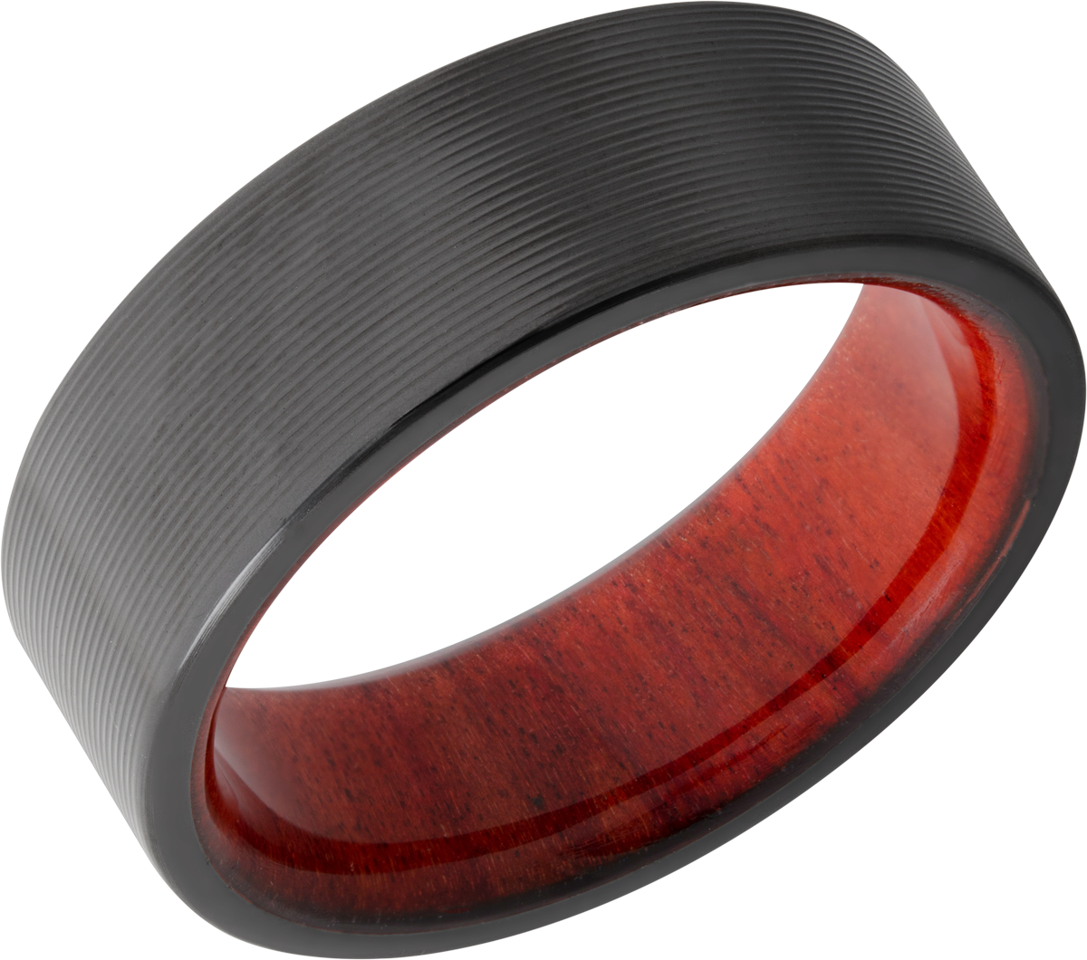 zirconium 8mm flat band with rounded edges and a hardwood sleeve of honduras redheart