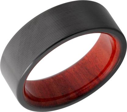 Zirconium 8mm flat band with rounded edges and a hardwood sleeve of Honduras Redheart