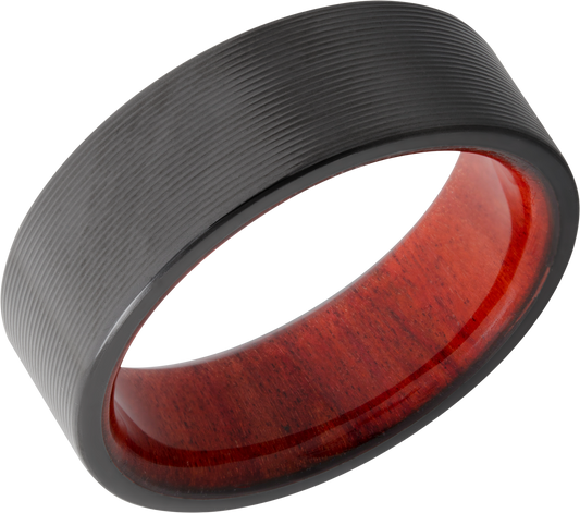 Zirconium 8mm flat band with rounded edges and a hardwood sleeve of Honduras Redheart