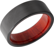 Zirconium 8mm flat band with rounded edges and a hardwood sleeve of Honduras Redheart