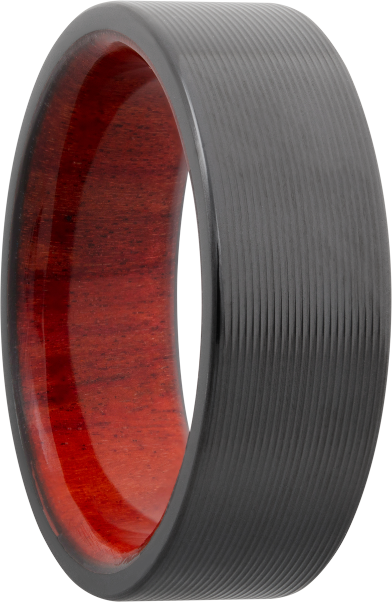 zirconium 8mm flat band with rounded edges and a hardwood sleeve of honduras redheart