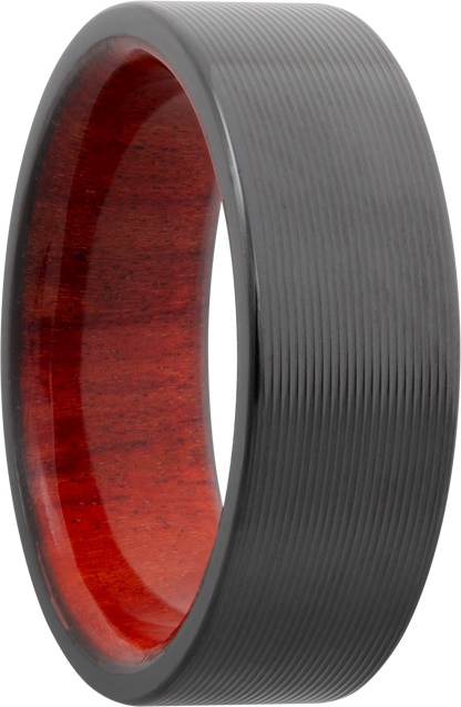 Zirconium 8mm flat band with rounded edges and a hardwood sleeve of Honduras Redheart