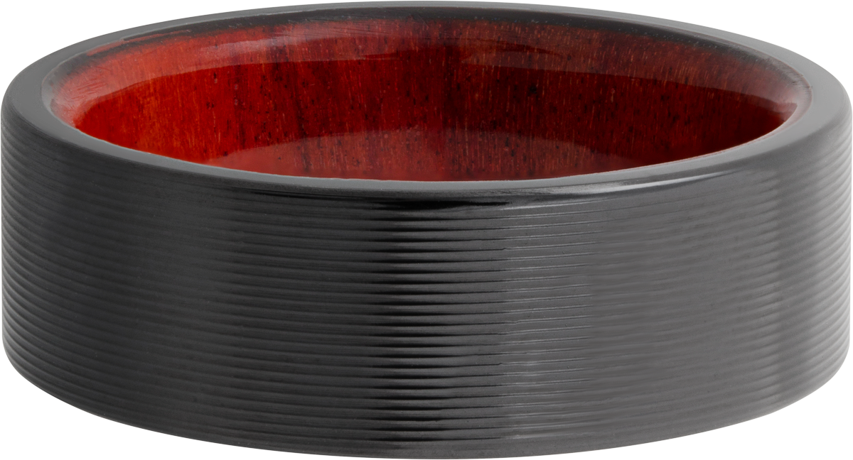 zirconium 8mm flat band with rounded edges and a hardwood sleeve of honduras redheart