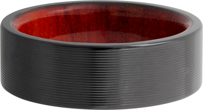 Zirconium 8mm flat band with rounded edges and a hardwood sleeve of Honduras Redheart