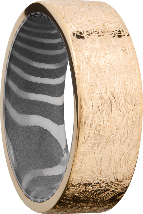 14K yellow gold 8mm band with a handmade tiger Damascus steel sleeve