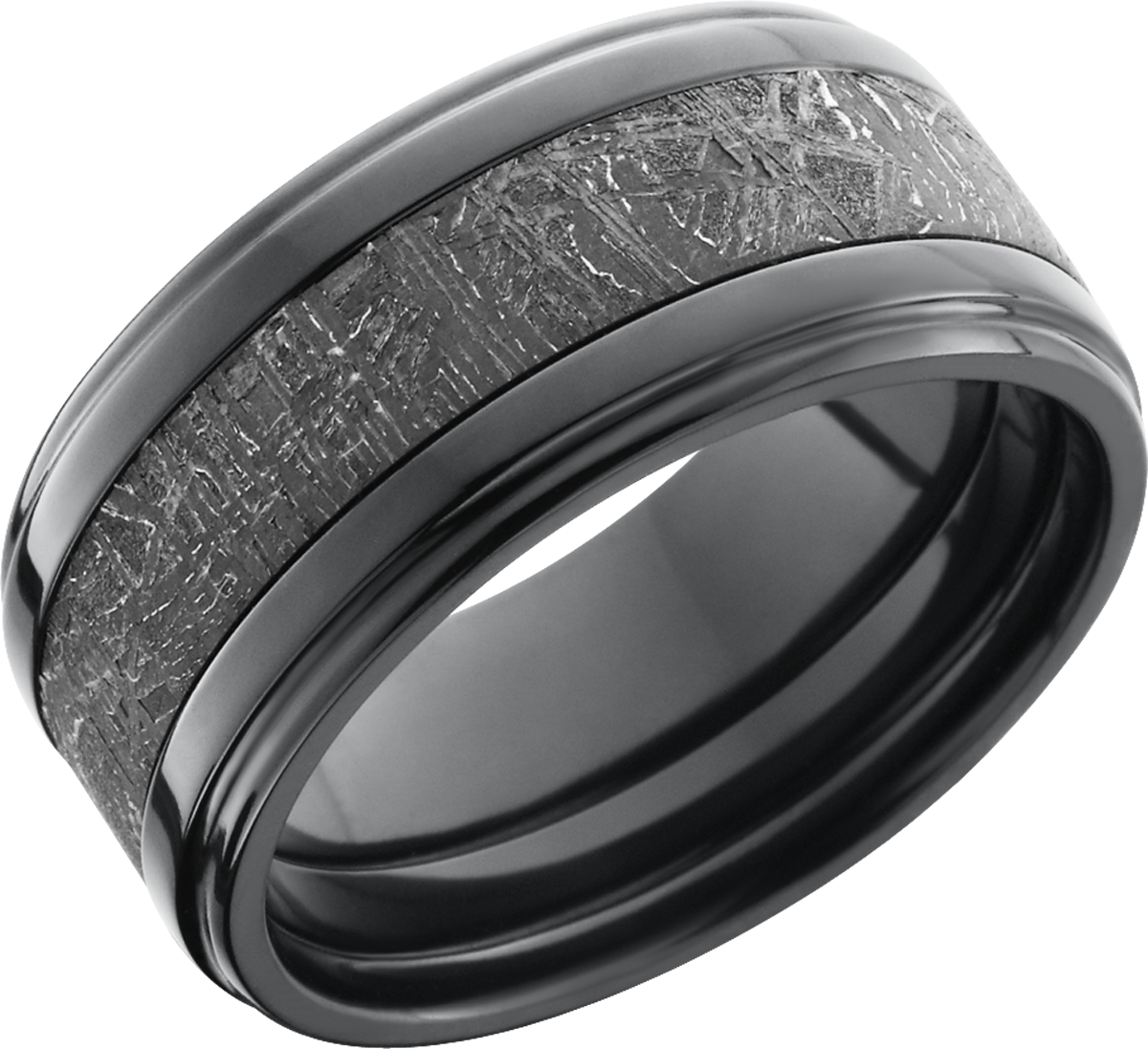 zirconium 10mm flat band with grooved edges with an inlay of authentic gibeon meteorite