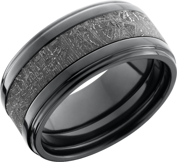 Zirconium 10mm flat band with grooved edges with an inlay of authentic Gibeon meteorite