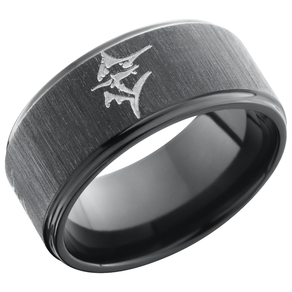 zirconium 10mm flat band with grooved edges and a laser-carved marlin fish