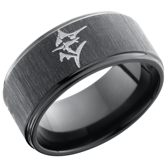 Zirconium 10mm flat band with grooved edges and a laser-carved marlin fish