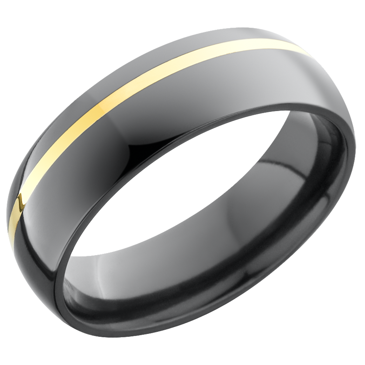 zirconium 6mm domed band with an off center inlay of 14k yellow gold