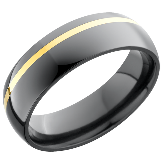 Zirconium 6mm domed band with an off center inlay of 14K yellow gold