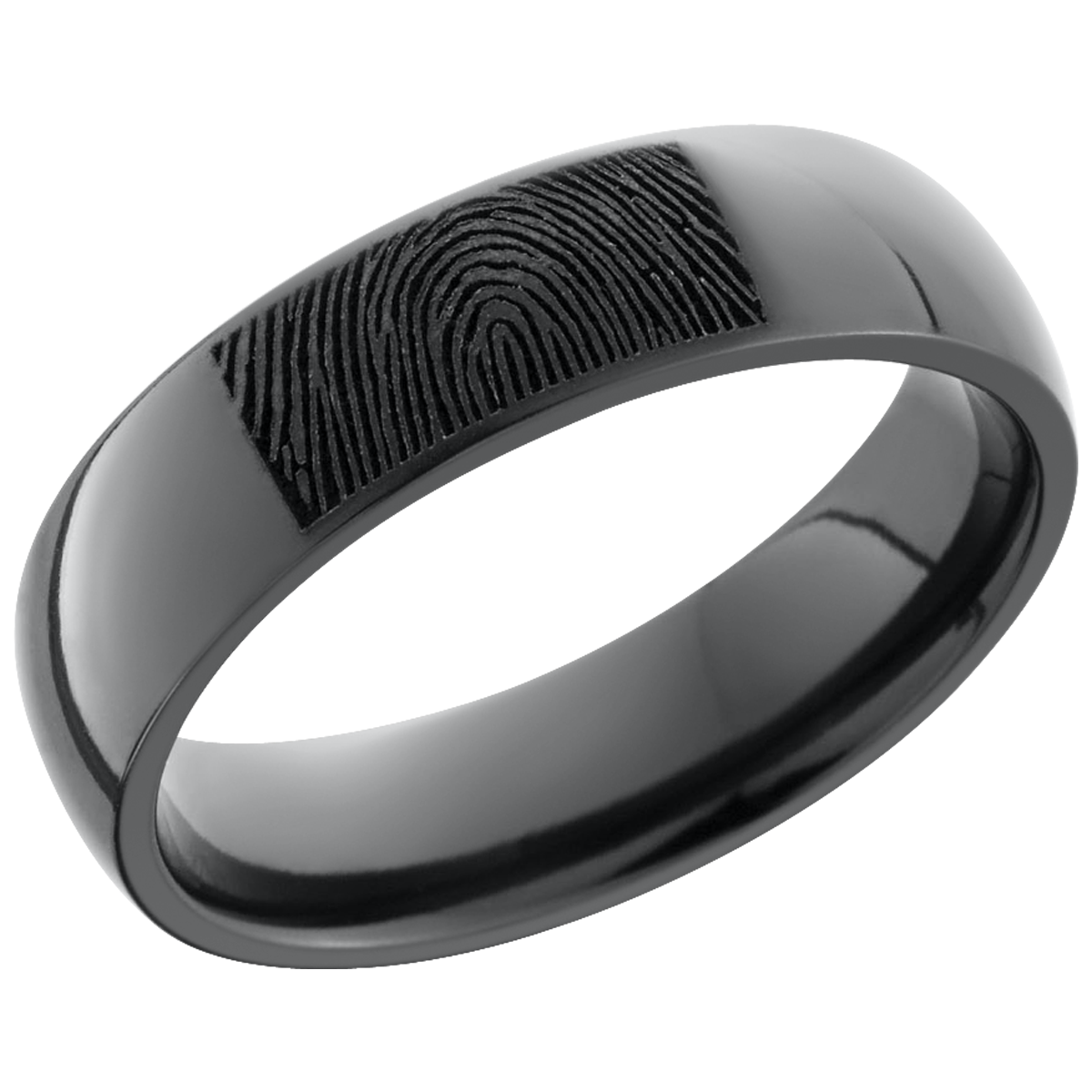 zirconium 6mm domed band with a laser-carved fingerprint