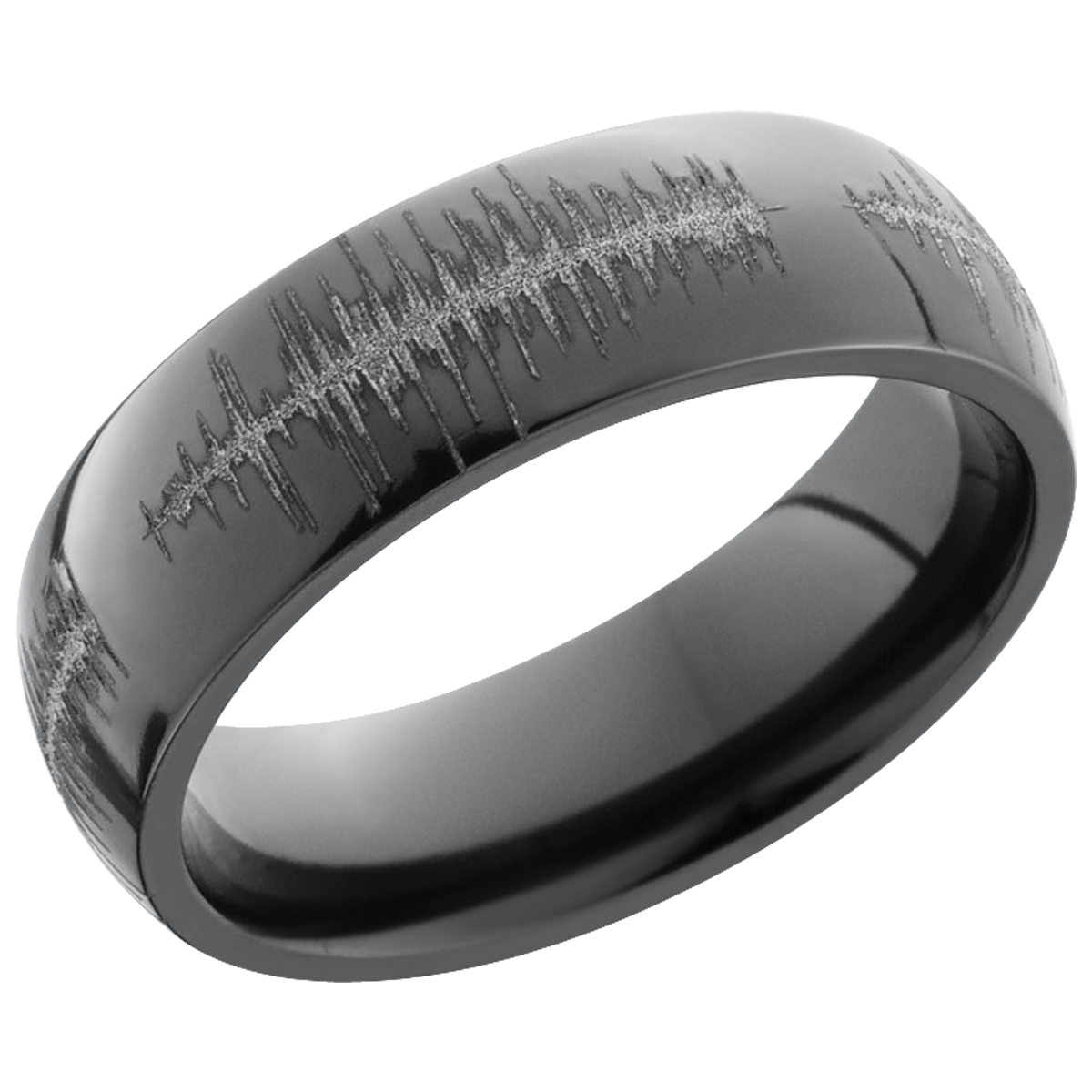 zirconium 6mm domed band with a laser-carved soundwave