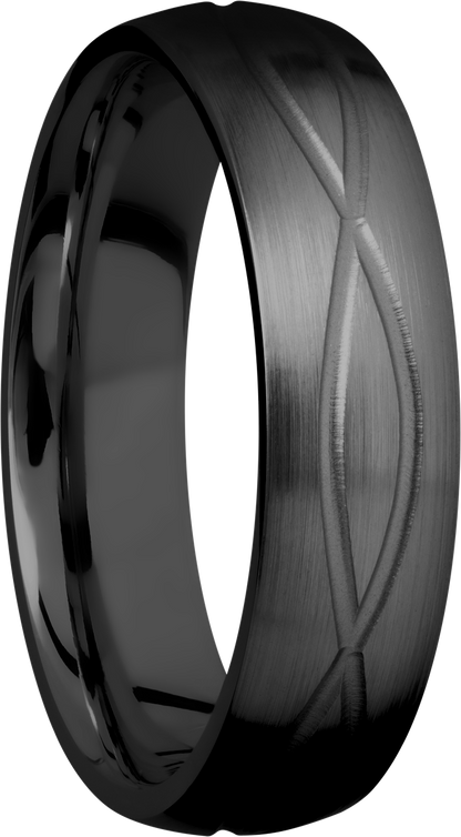 Zirconium 6mm domed band with a laser-carved infinity pattern