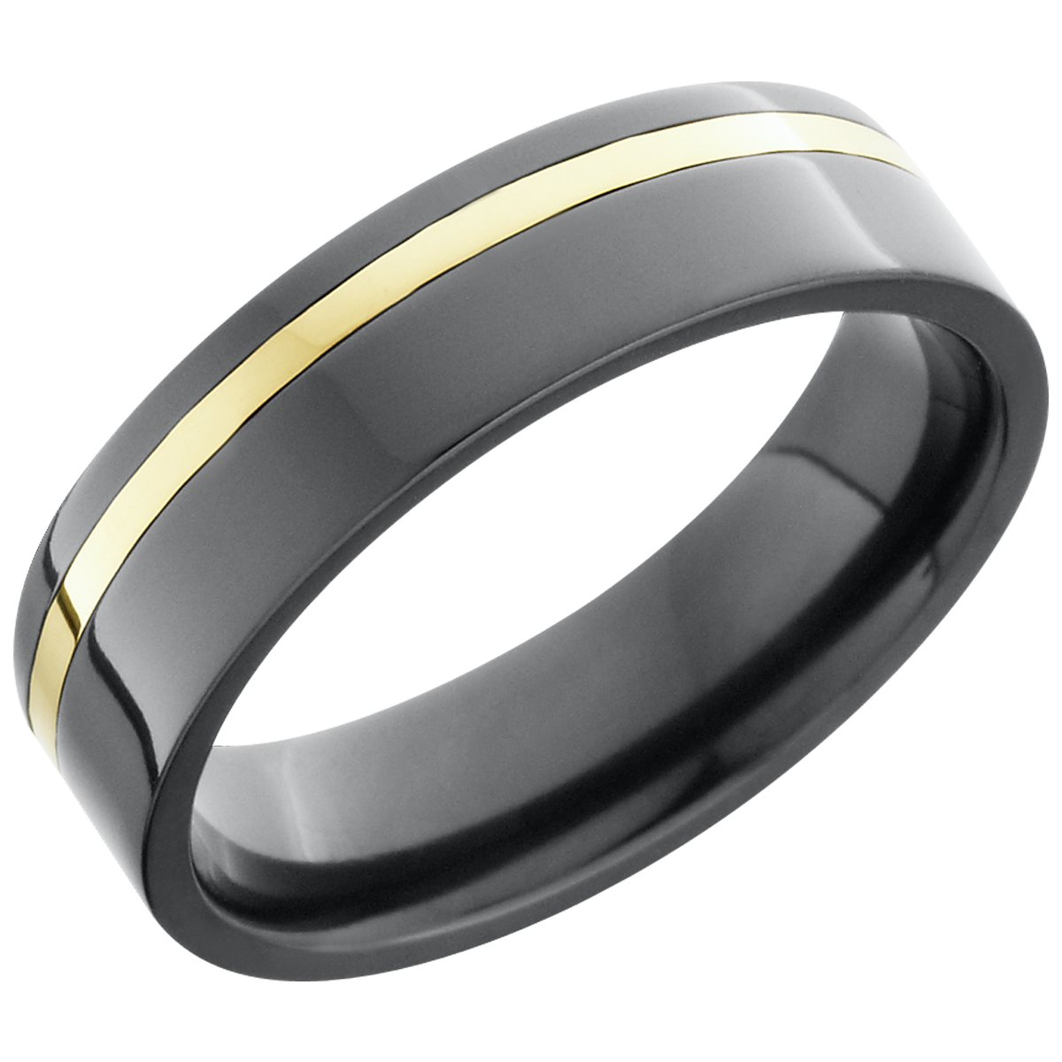 zirconium 6mm flat band with an off center inlay of 14k yellow gold